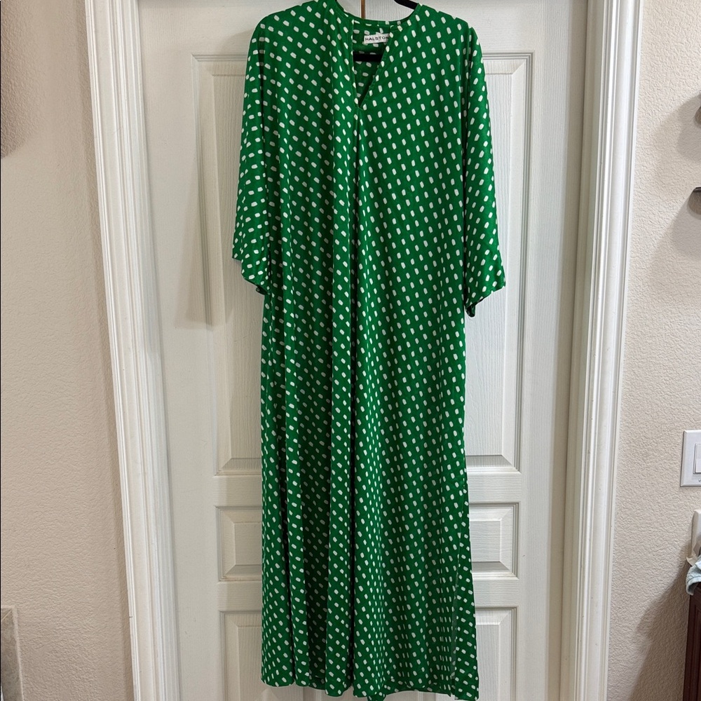 Vintage 1960 Halston Heritage Green and White Polka Dot House Dress - Picture 8 of 8